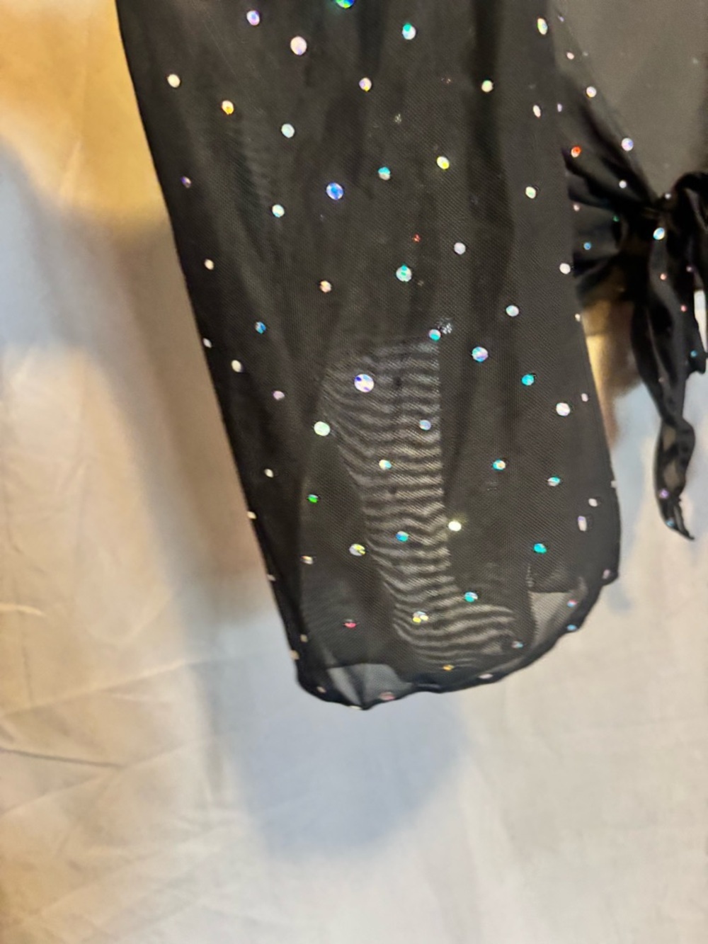 Black Sheer Tie-Front Crop Top with Iridescent Dots gems sparkly raveware club - Picture 3 of 7
